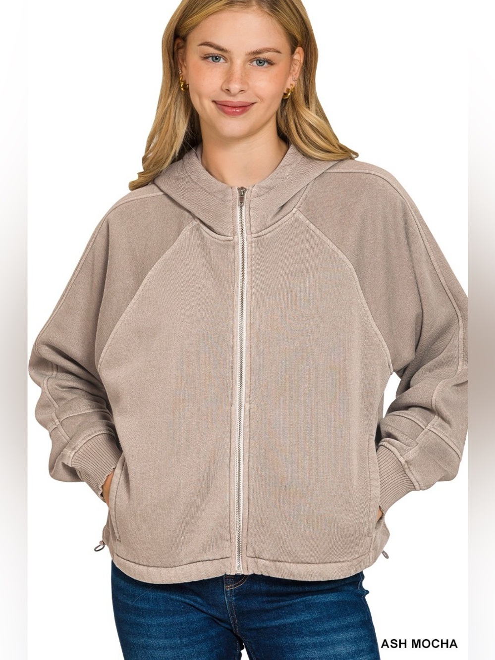 Zenana Fleece Pigment Dye Zip Up Hoodie with Pockets